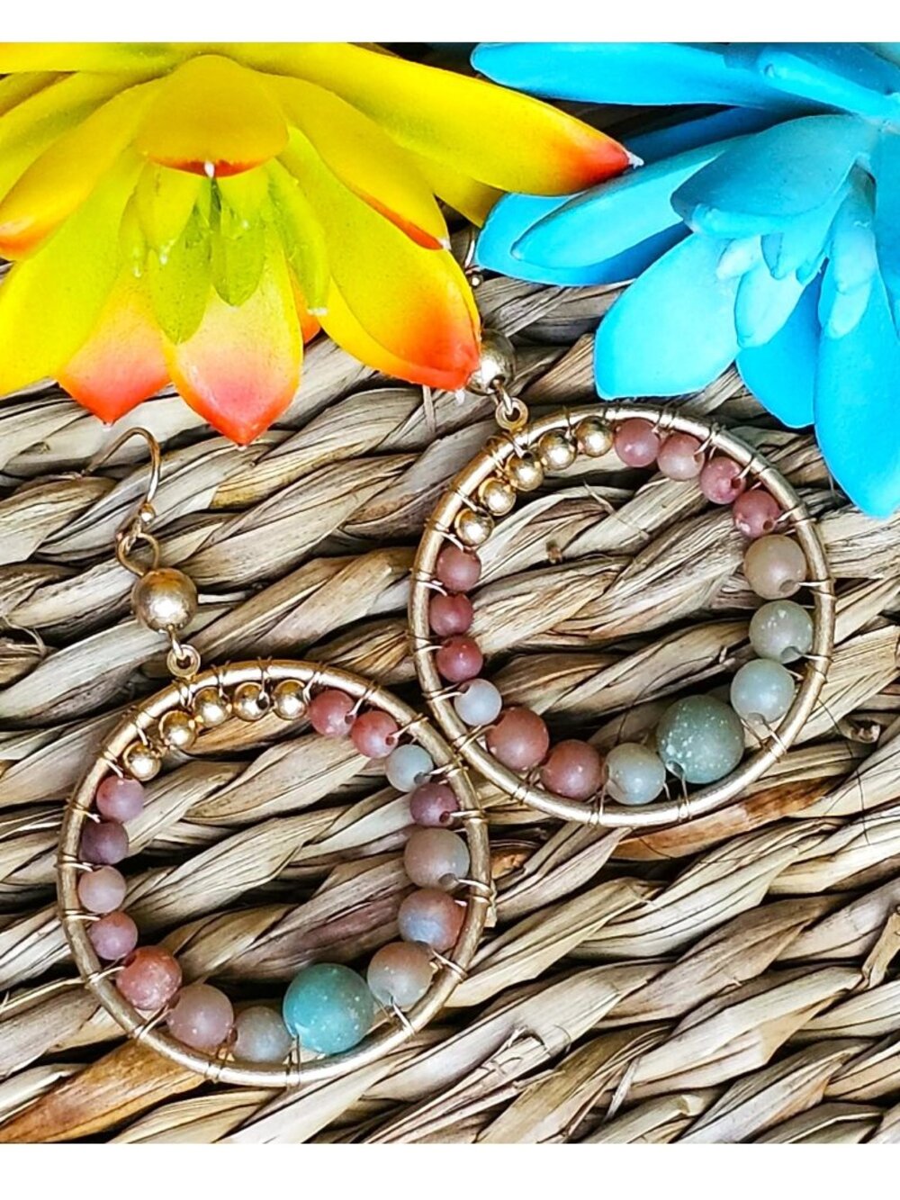 Artisan Boho Hoop Earrings Gold Wire Wrapped Beaded Neutral Earth Tones